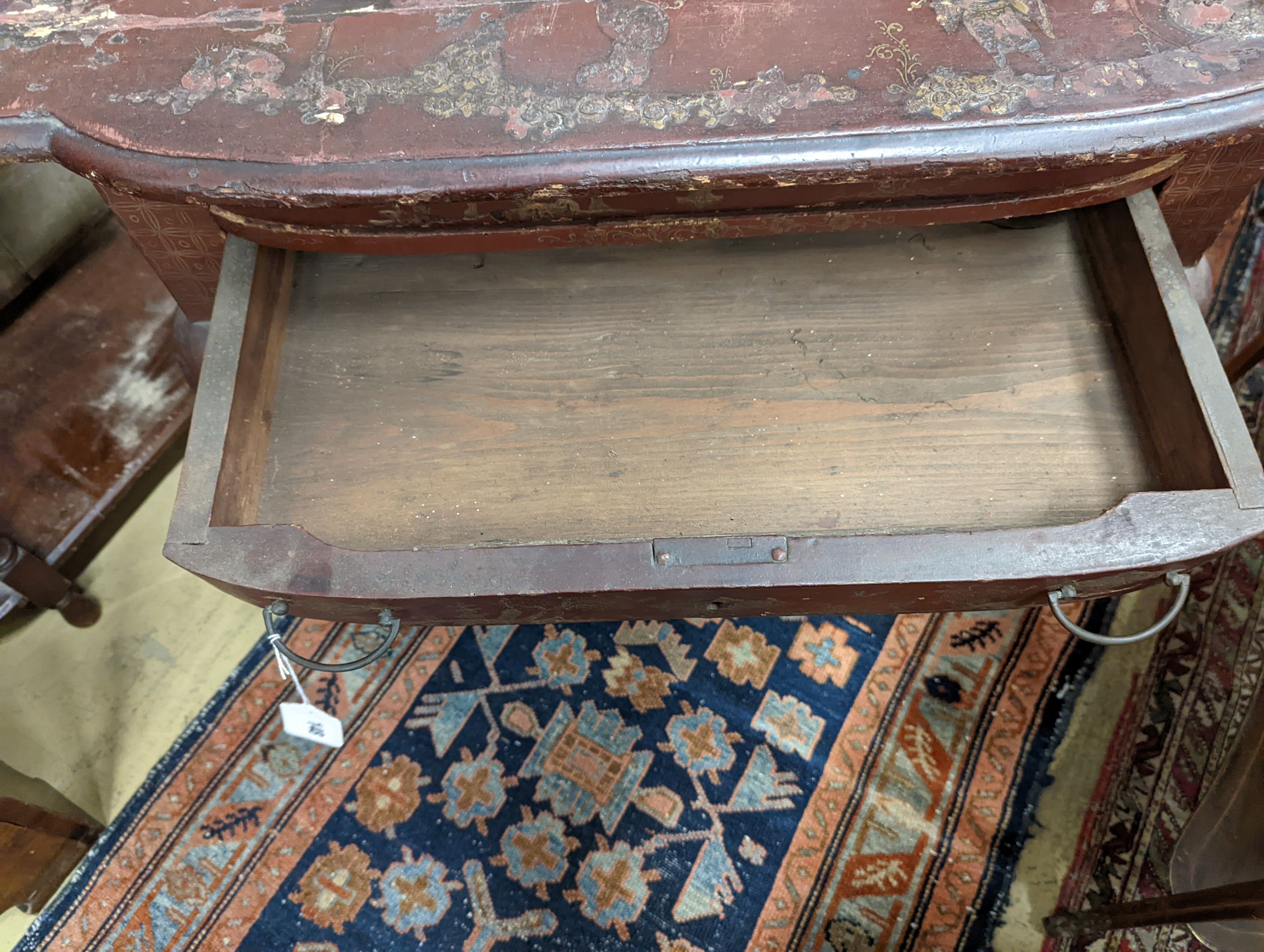 A 19th century red chinoiserie lacquered hall table, width 79cm, depth 48cm, height 75cm